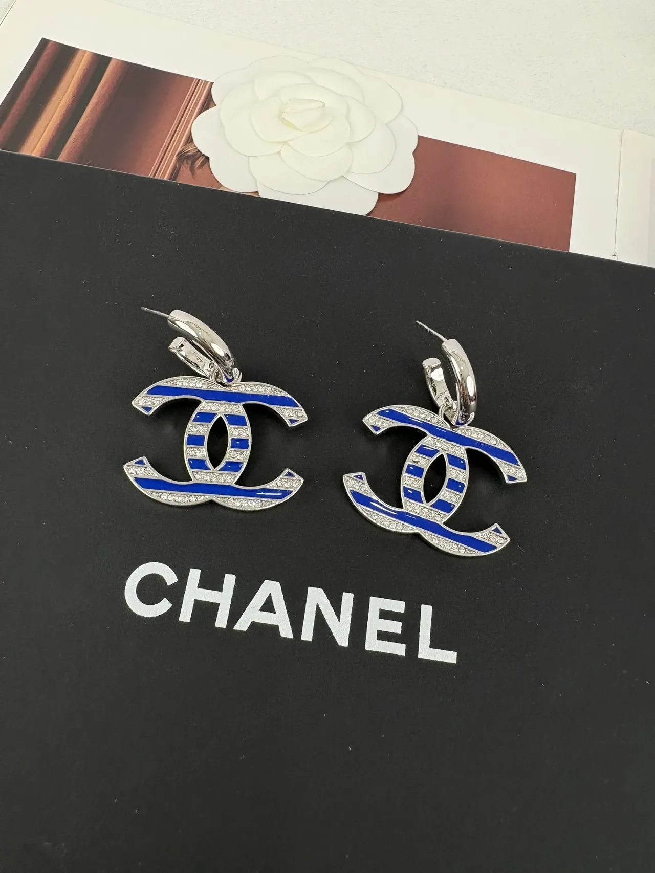 Chanel CC Logo Blue Enamel and Crystal Earrings 4