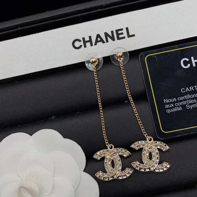 Chanel CC Logo Pavé Crystal Chain Drop Earrings 4