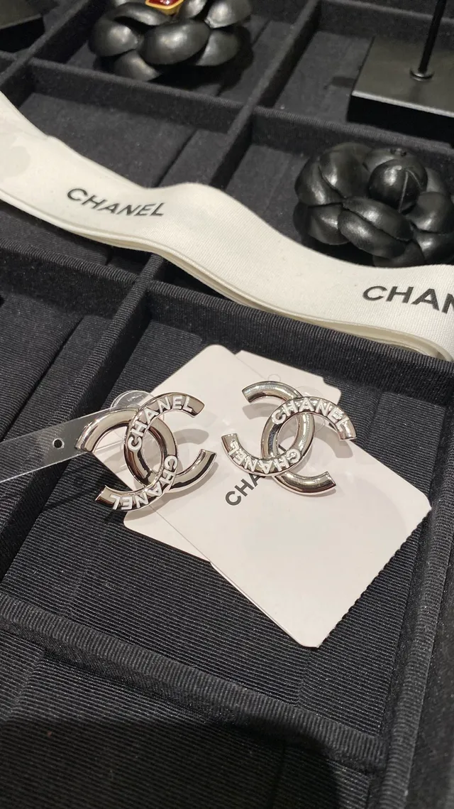 Chanel CC Logo Silver White Interlocking Engraved Brand Name Earrings 5