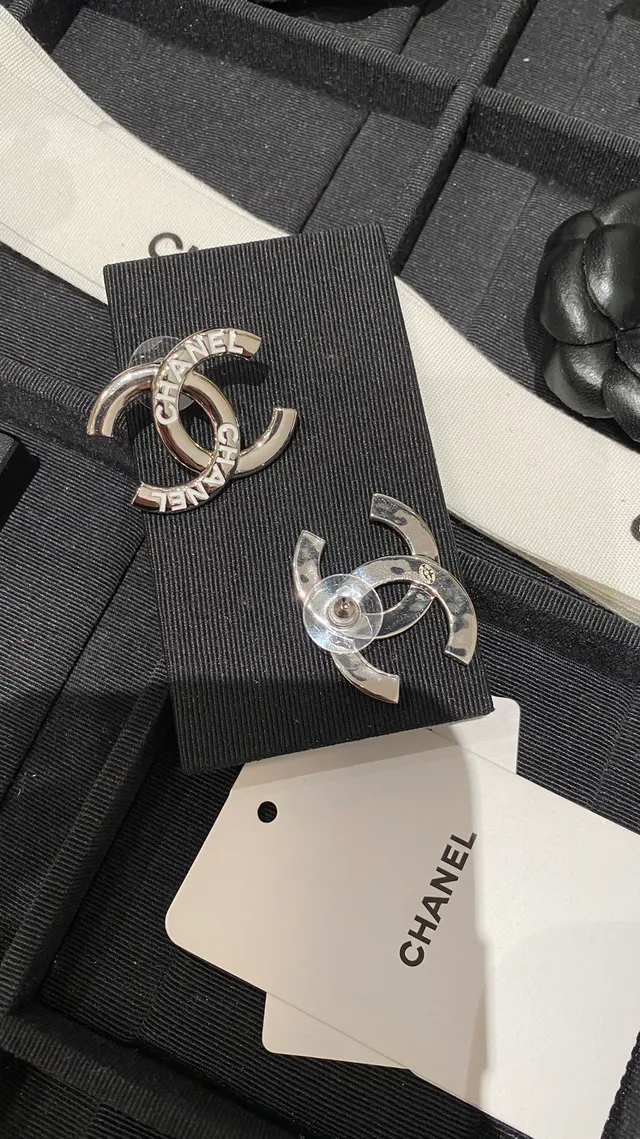 Chanel CC Logo Silver White Interlocking Engraved Brand Name Earrings 6