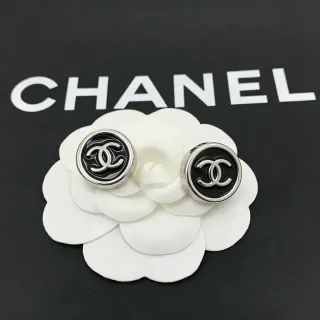 Chanel CC Logo Stud Black Silver Round Enamel Face Earrings