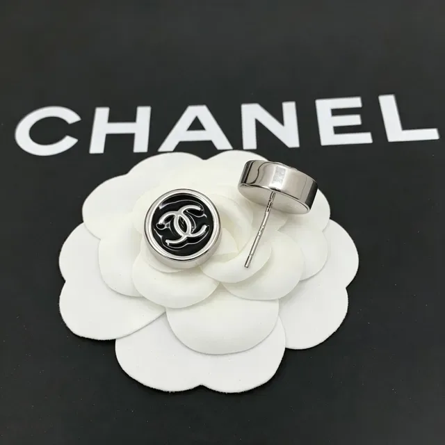 Chanel CC Logo Stud Black Silver Round Enamel Face Earrings 2