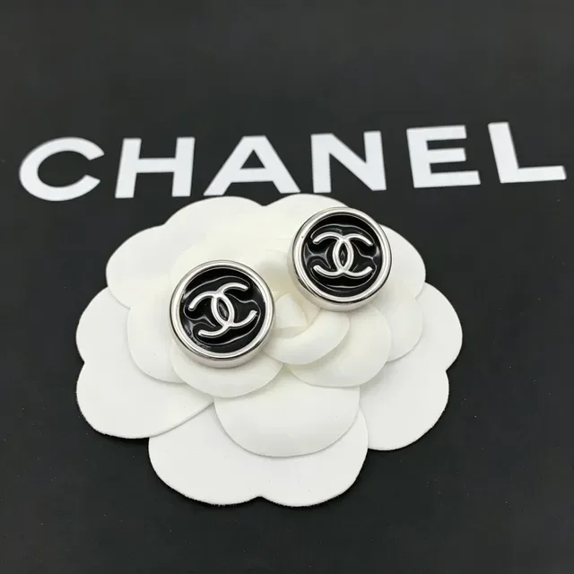 Chanel CC Logo Stud Black Silver Round Enamel Face Earrings 3