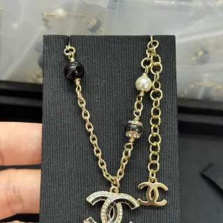 Chanel CC Pendant Necklace Gold Black Chain Dual Pendants Necklace