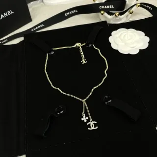 Chanel CC Ribbon Chain Necklace Black and Gold Necklaces