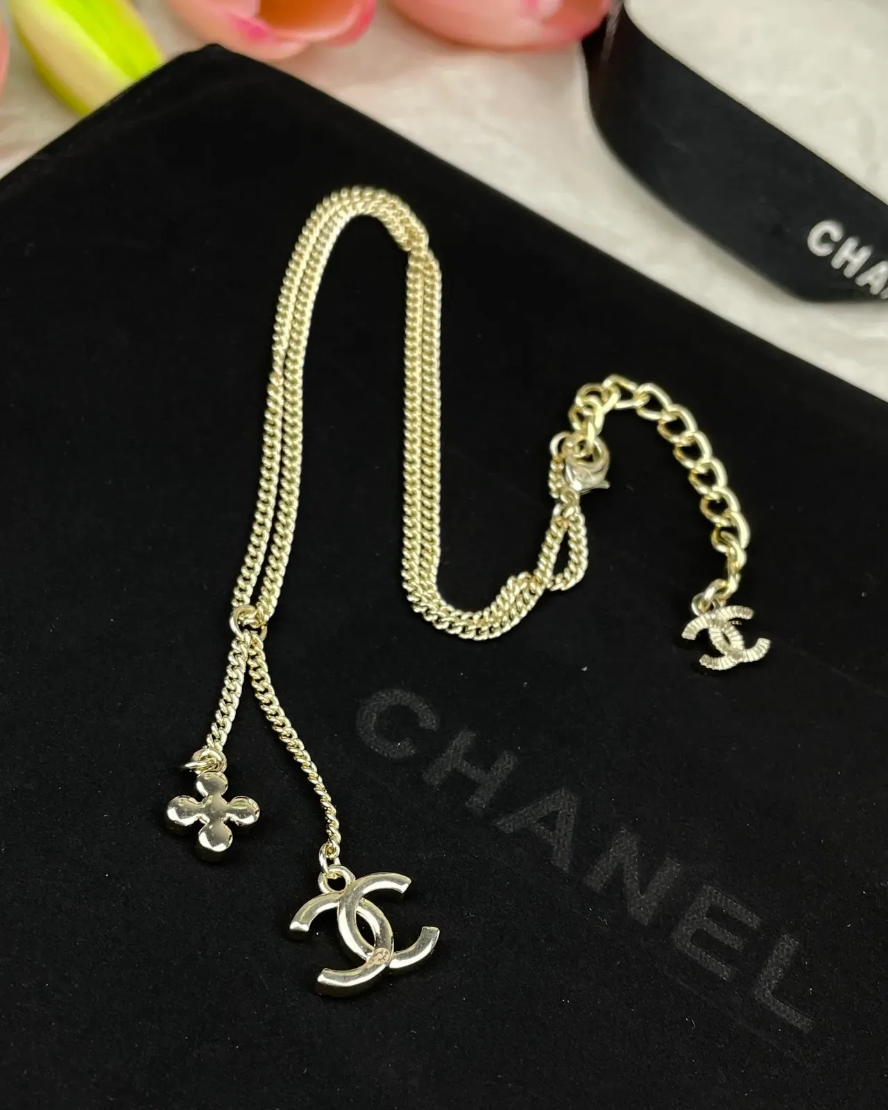 Chanel CC Ribbon Chain Necklace Black and Gold Necklaces 2