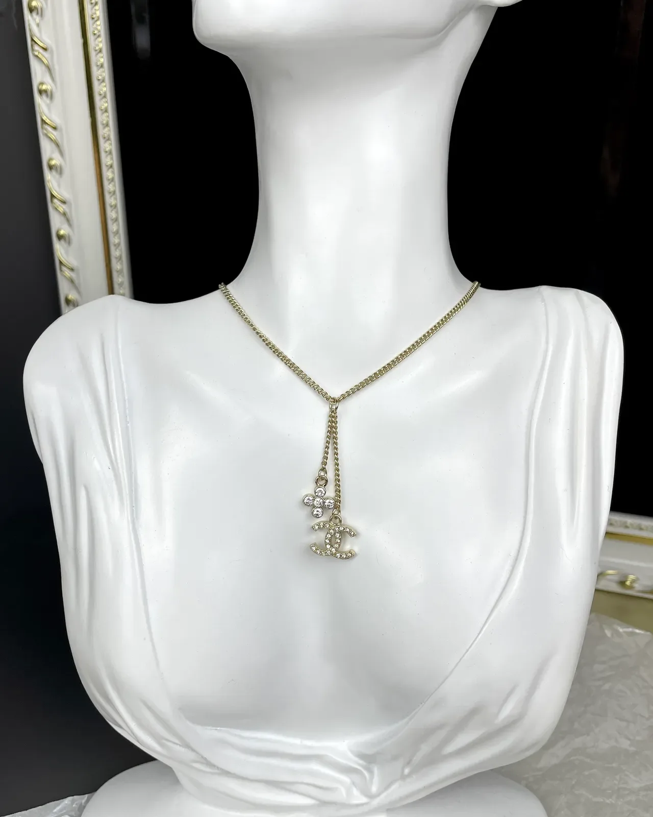 Chanel CC Ribbon Chain Necklace Black and Gold Necklaces 3
