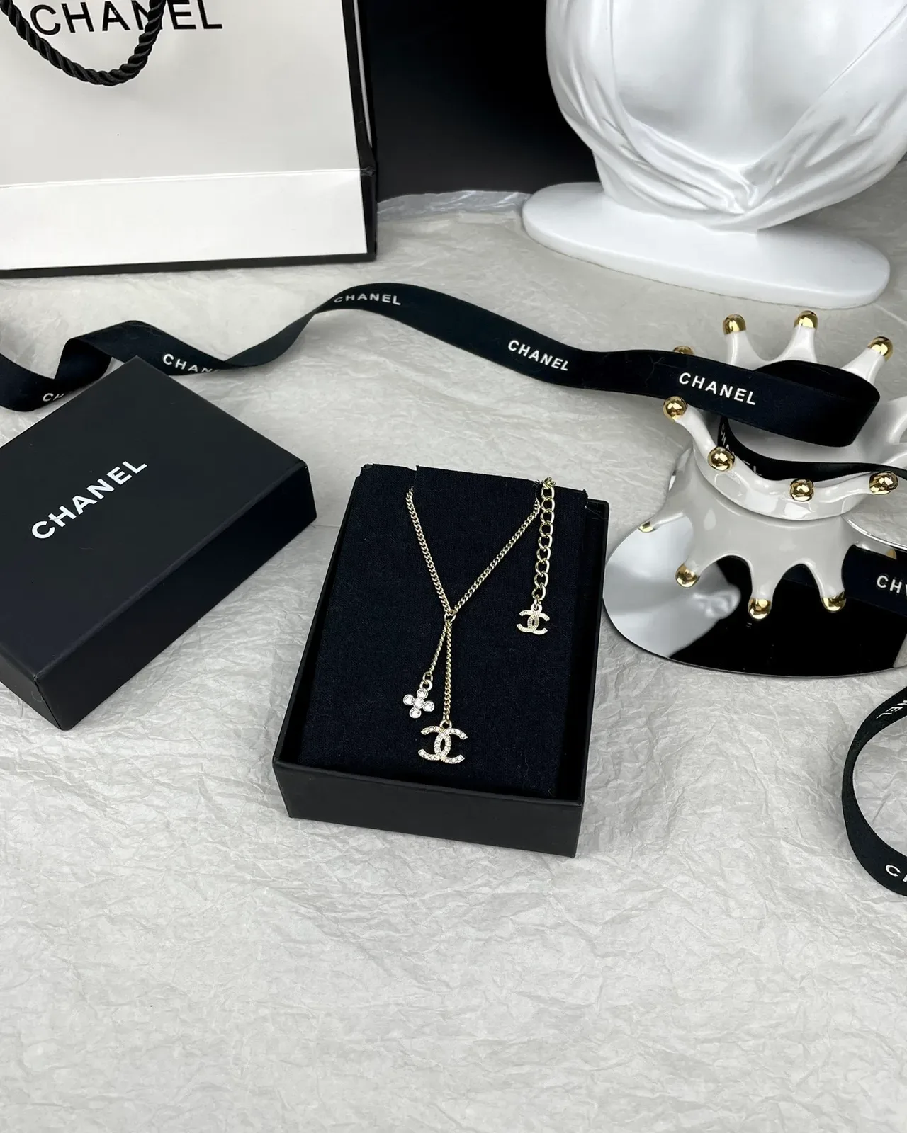Chanel CC Ribbon Chain Necklace Black and Gold Necklaces 4