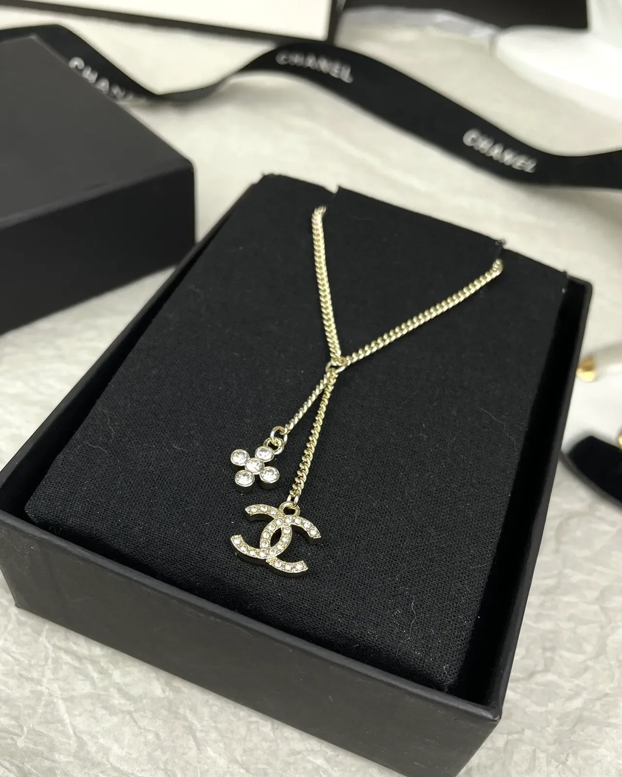 Chanel CC Ribbon Chain Necklace Black and Gold Necklaces 5