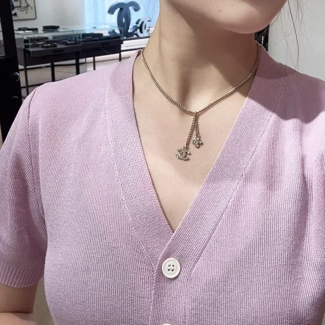 Chanel CC Ribbon Chain Necklace Black and Gold Necklaces 6