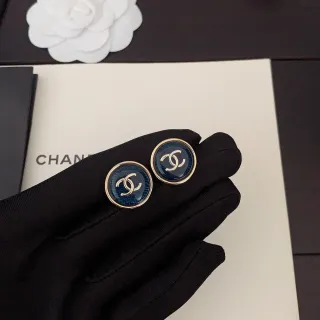Chanel CC Stud Blue Gold Circular Enamel Face Earrings