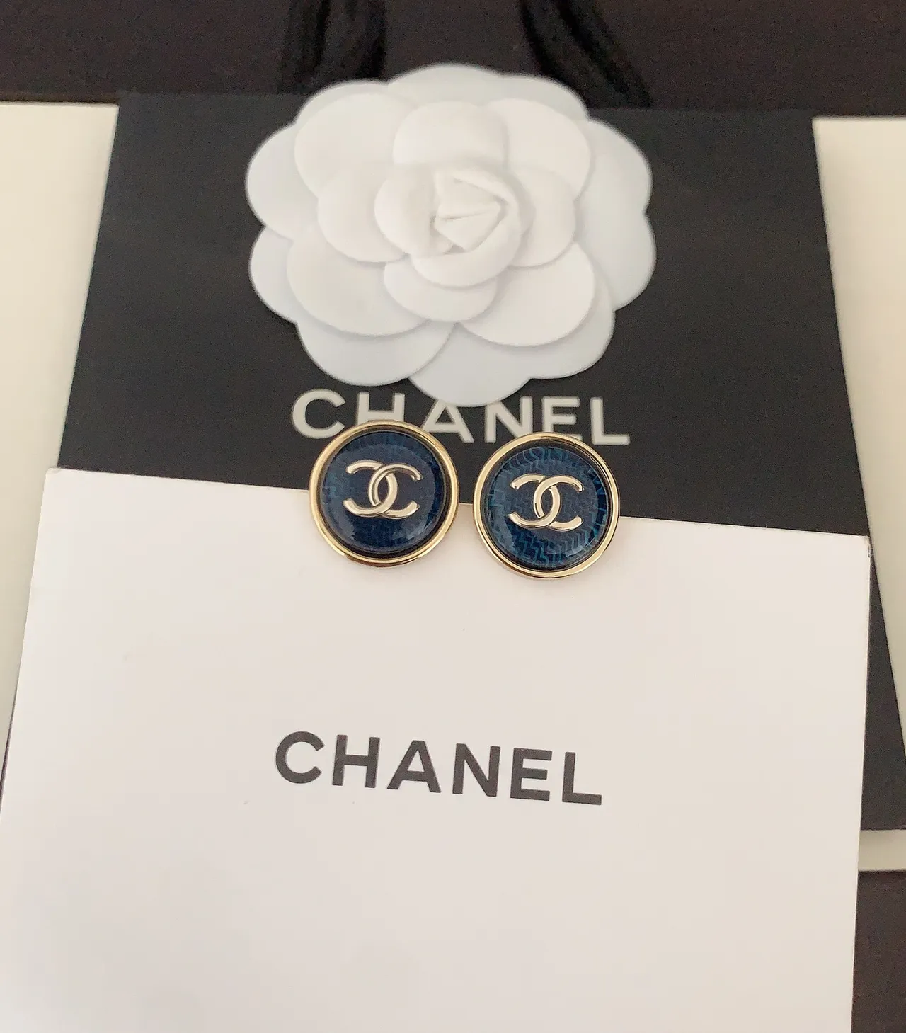 Chanel CC Stud Blue Gold Circular Enamel Face Earrings 3