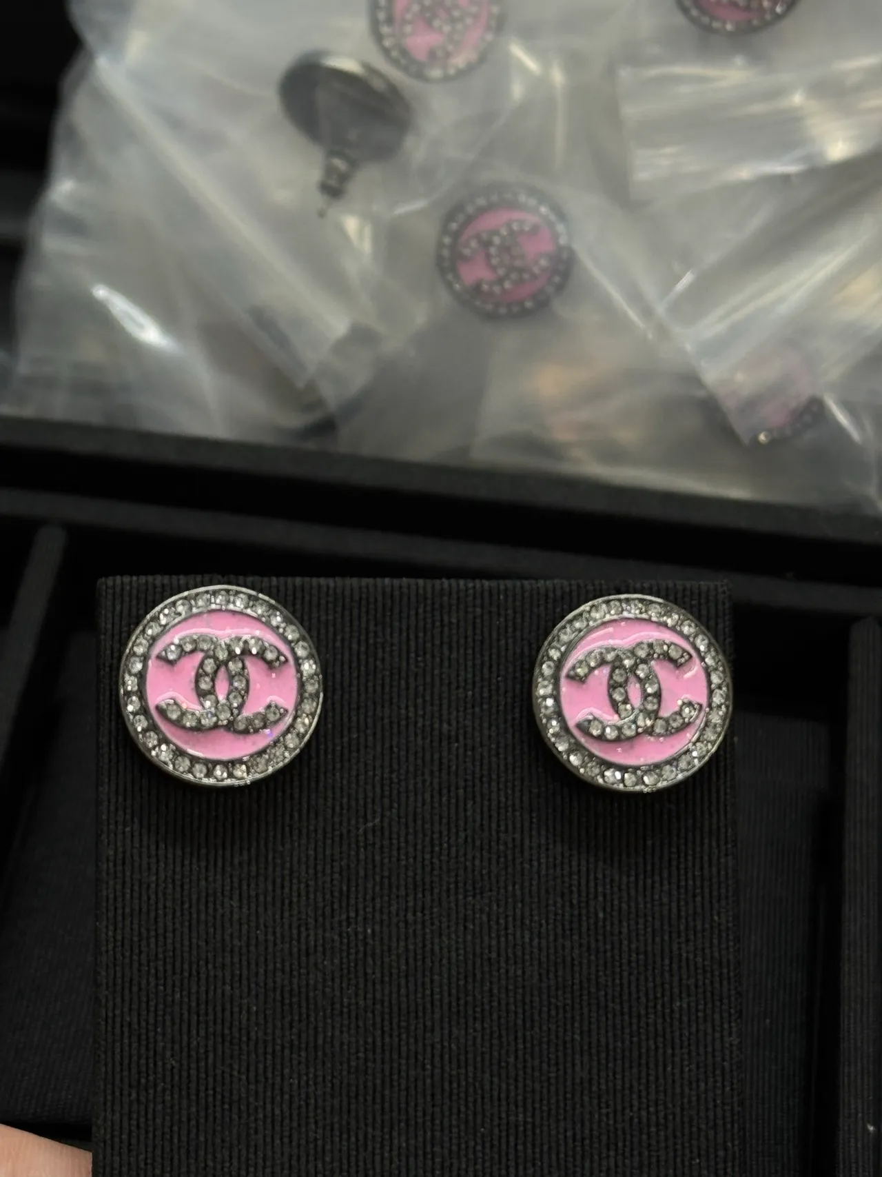 Chanel CC Stud Pink Silver Round Enamel Earrings 2
