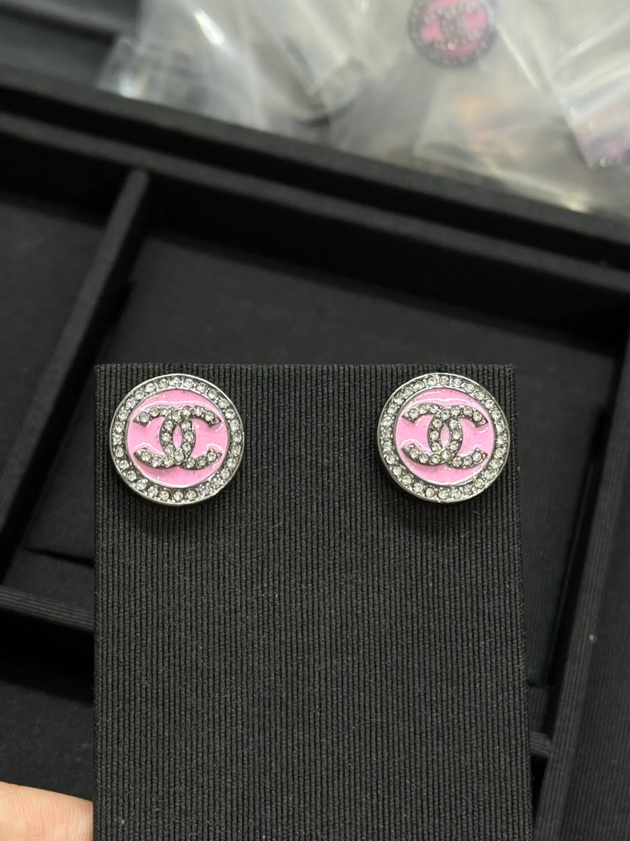 Chanel CC Stud Pink Silver Round Enamel Earrings 5