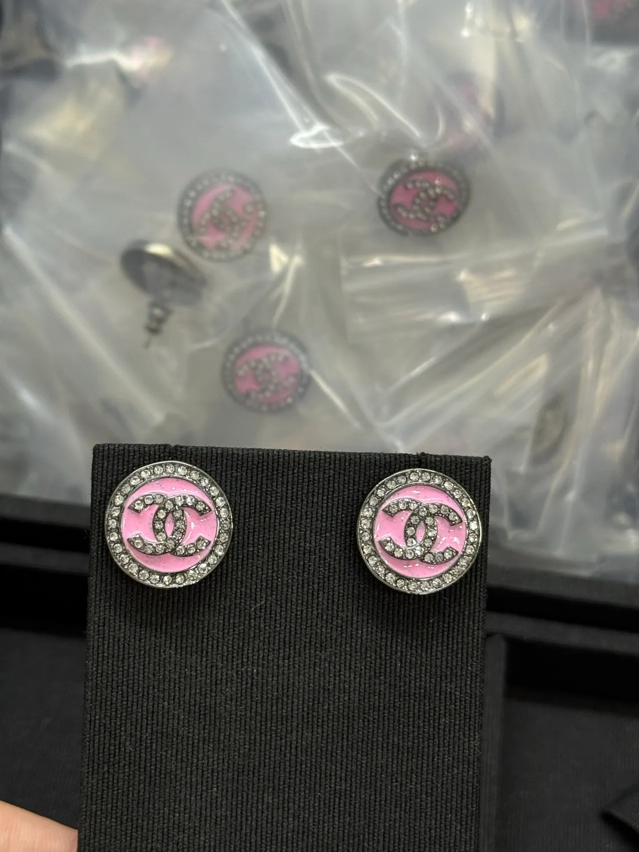 Chanel CC Stud Pink Silver Round Enamel Earrings 6