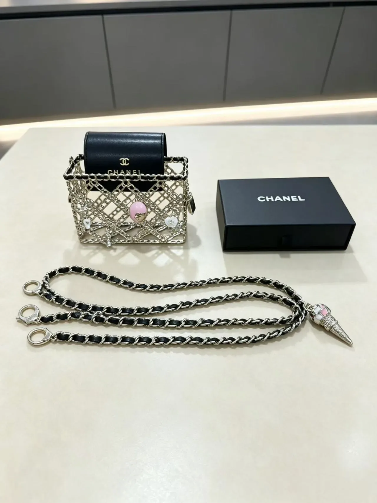 Chanel Chain Cage Black Pink Construction Leather Flap Chain Bag 3
