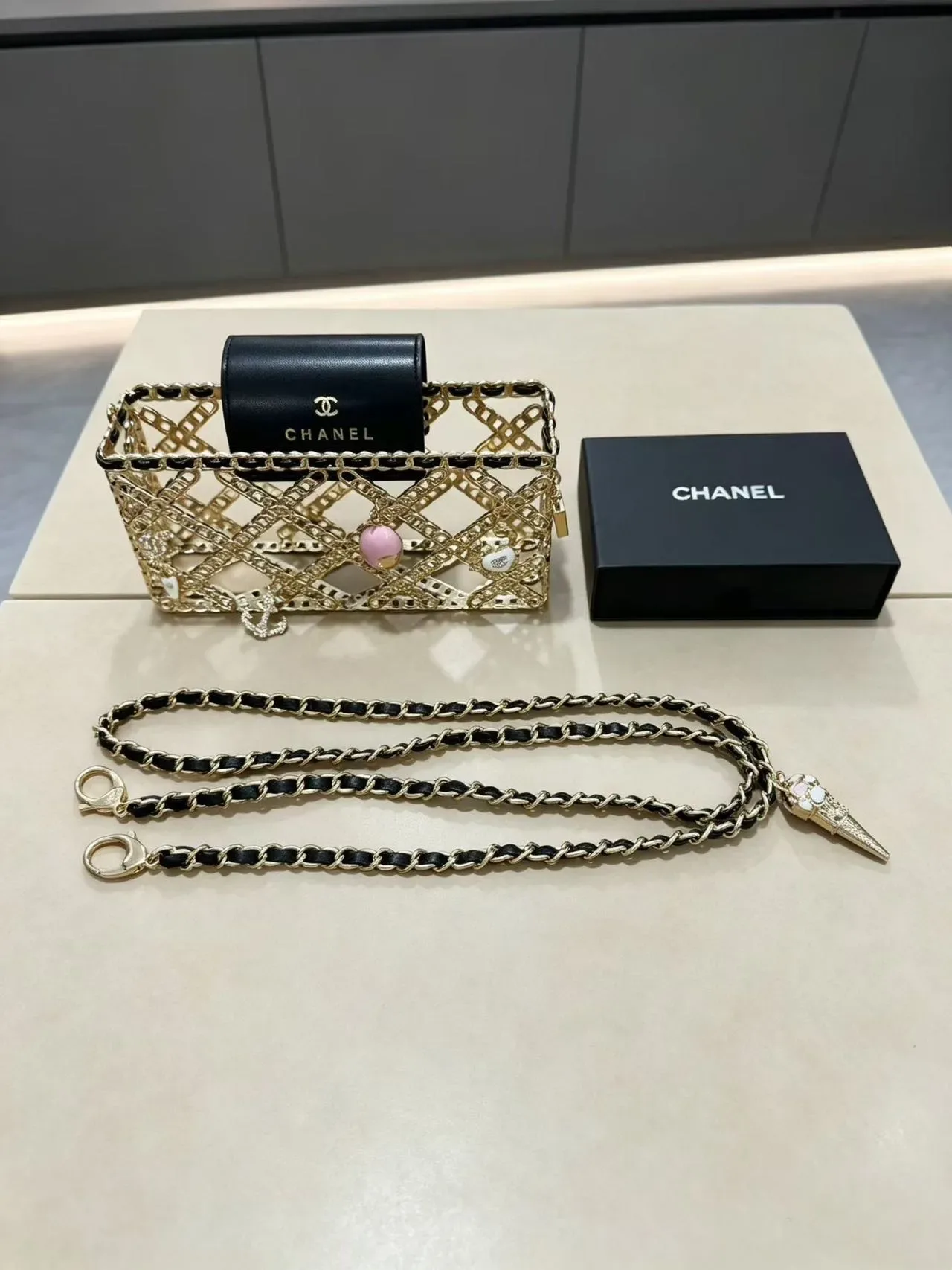 Chanel Chain Cage Black Pink Construction Leather Flap Chain Bag 5