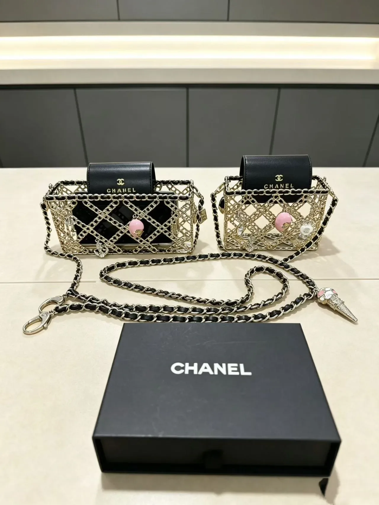 Chanel Chain Cage Black Pink Construction Leather Flap Chain Bag 6