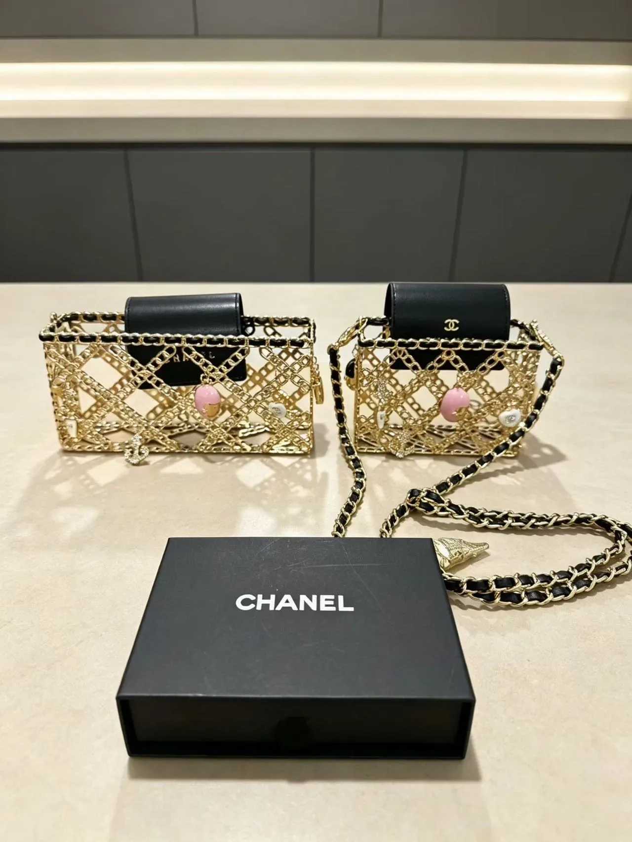Chanel Chain Cage Black Pink Construction Leather Flap Chain Bag 7