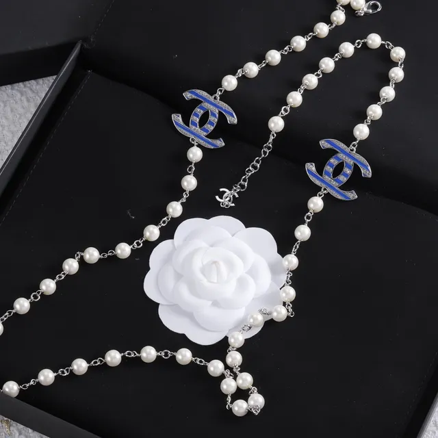 Chanel Classic Pearl Necklace White Blue Strand Enamel CC Pendant Necklace 4