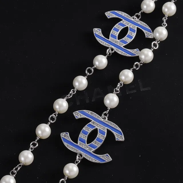 Chanel Classic Pearl Necklace White Blue Strand Enamel CC Pendant Necklace 5
