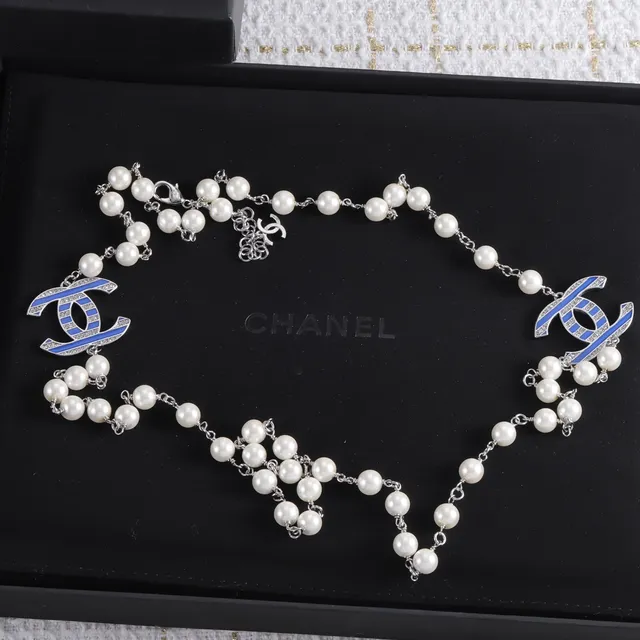 Chanel Classic Pearl Necklace White Blue Strand Enamel CC Pendant Necklace 6