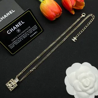 Chanel Classic Square Pendant Necklace Gold-Tone Curb Chain Necklace