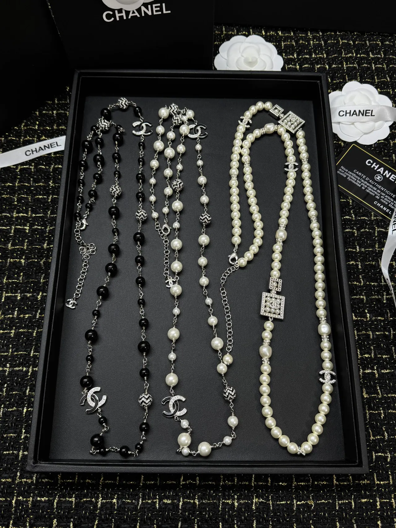 Chanel Costume Jewelry Collection Gold-Tone Black Gray Bead Crystal CC Butterfly Pearl Necklaces 2