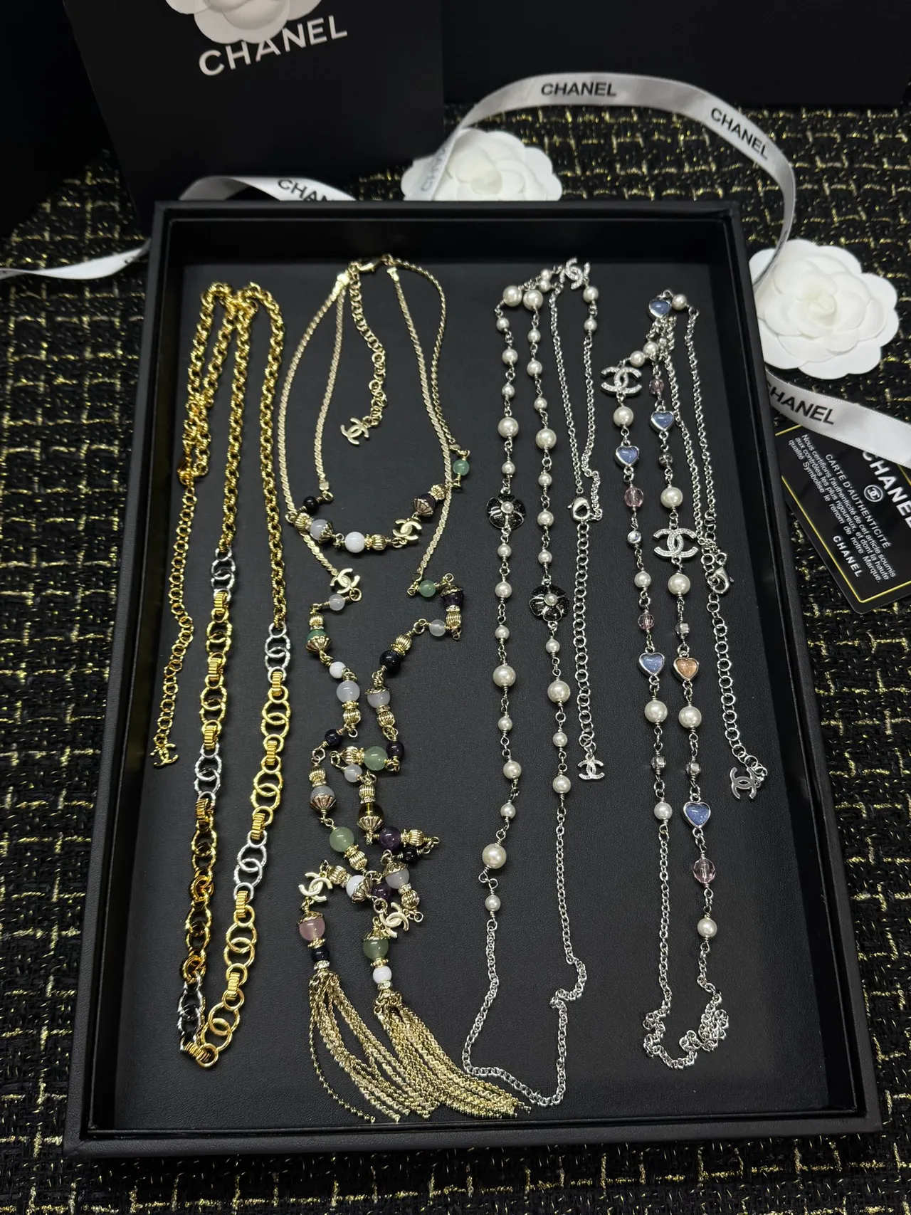 Chanel Costume Jewelry Collection Gold-Tone Black Gray Bead Crystal CC Butterfly Pearl Necklaces 3