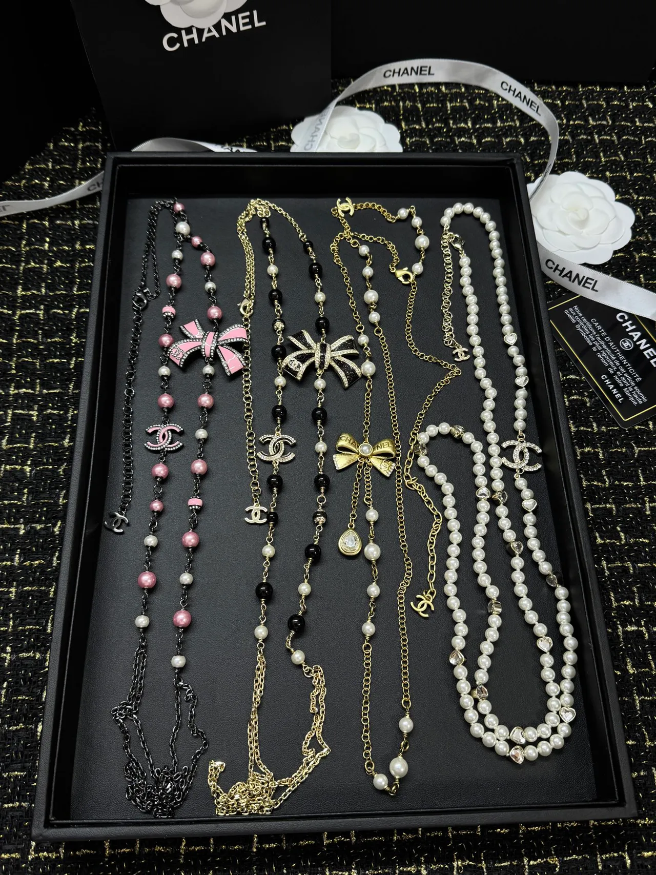 Chanel Costume Jewelry Collection Gold-Tone Black Gray Bead Crystal CC Butterfly Pearl Necklaces 4