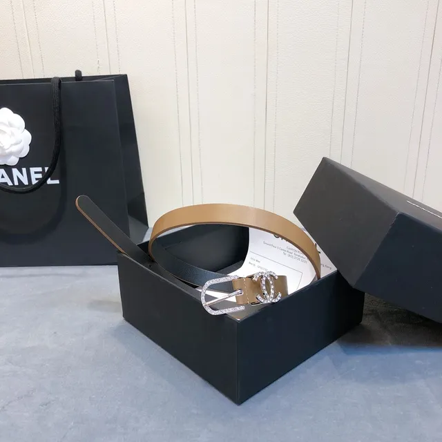 Chanel Crystal CC Belt Tan and Black Leather Belt 2