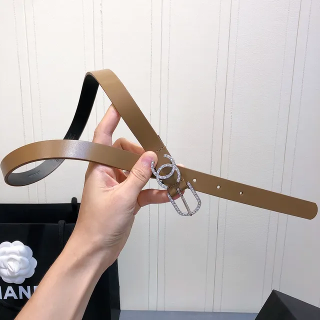 Chanel Crystal CC Belt Tan and Black Leather Belt 3