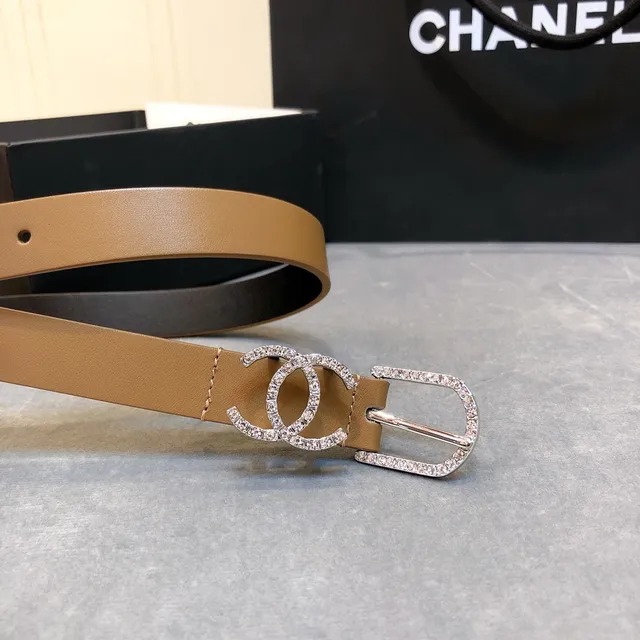 Chanel Crystal CC Belt Tan and Black Leather Belt 6