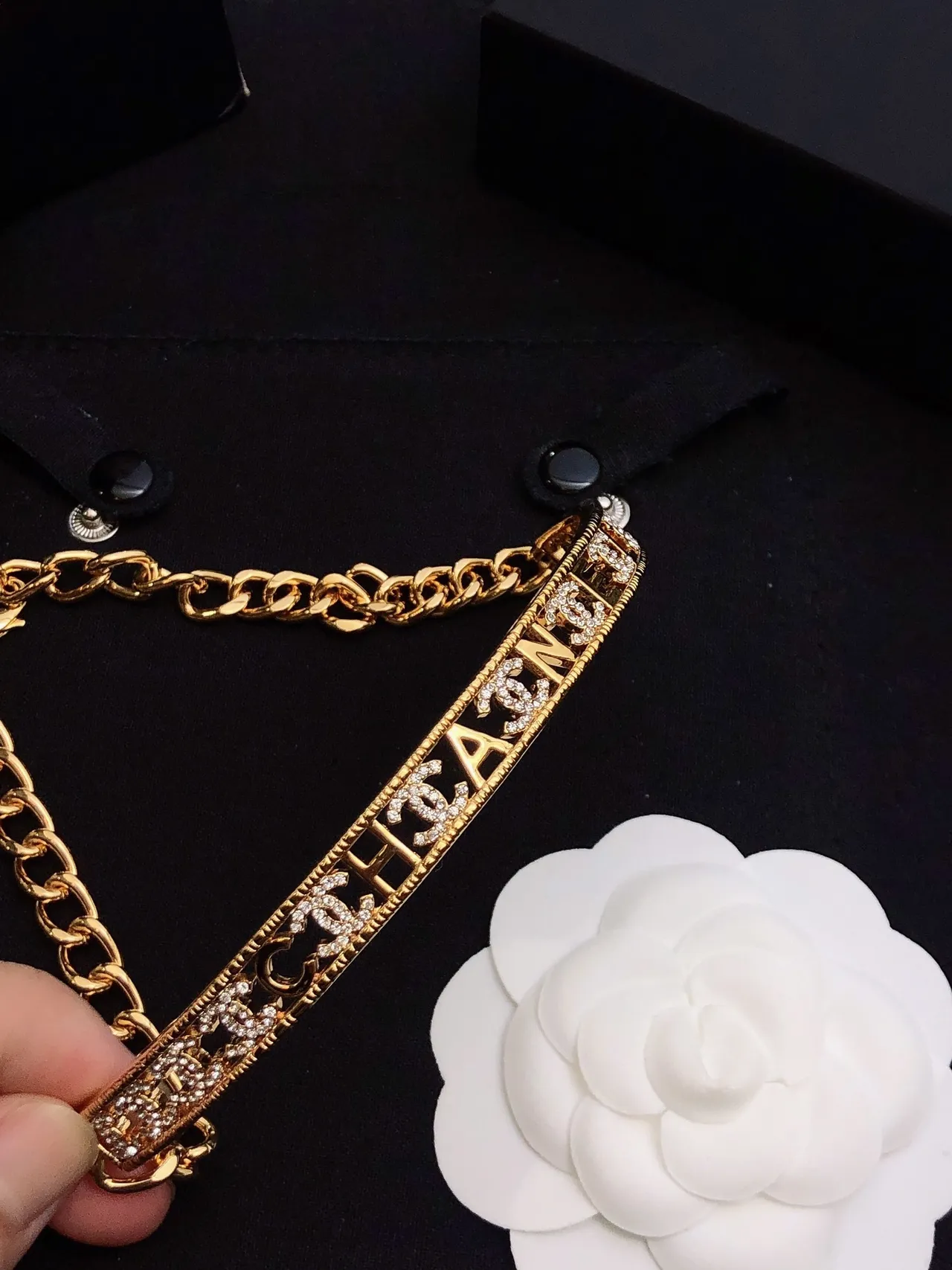 Chanel Engraved Band Choker Gold Black Rigid Pavé Crystal Detailing Necklace 2