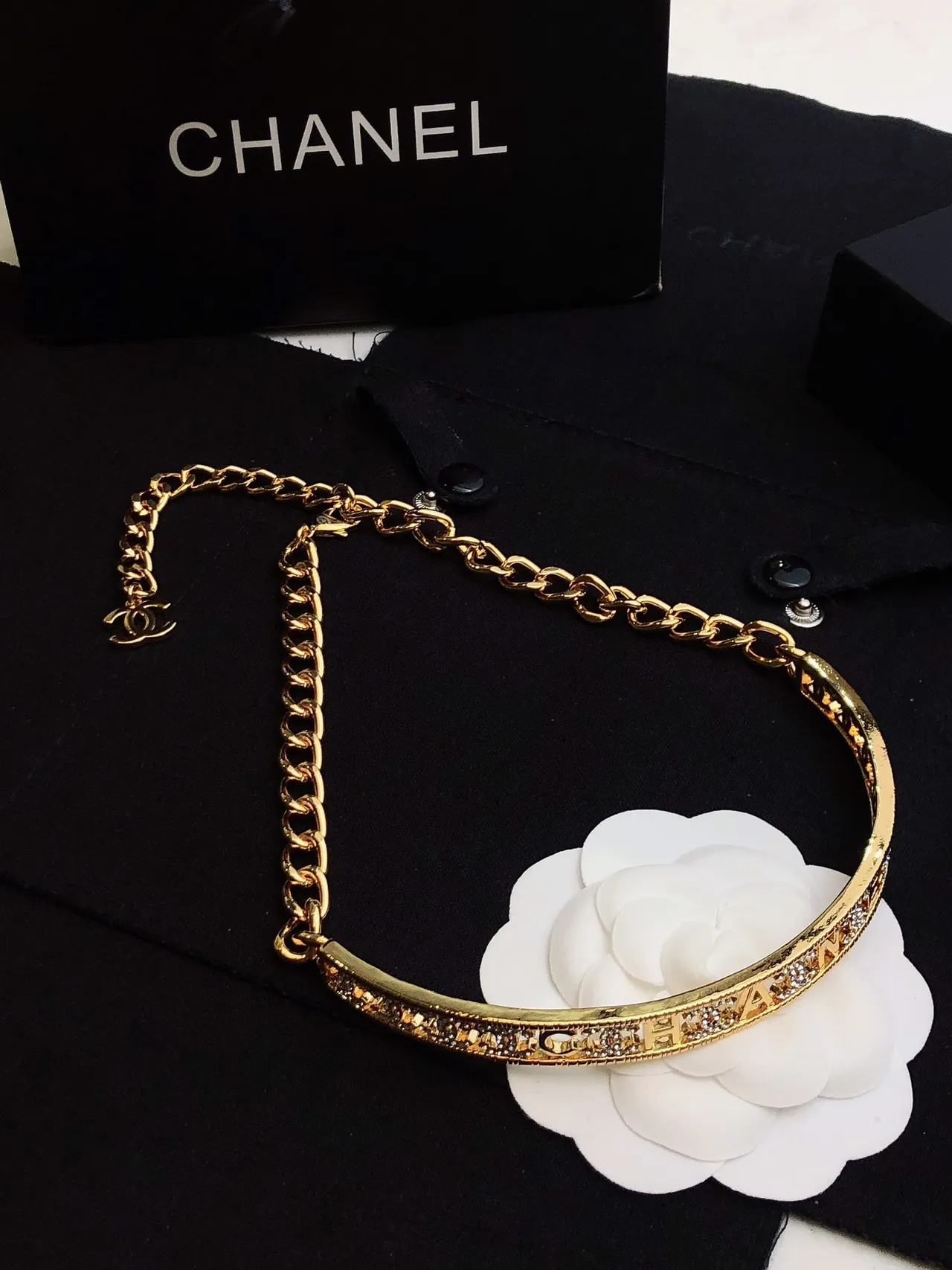 Chanel Engraved Band Choker Gold Black Rigid Pavé Crystal Detailing Necklace 3