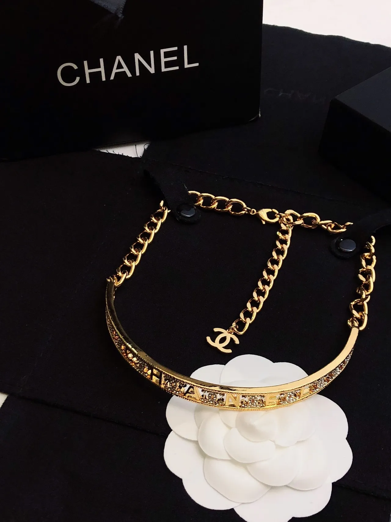 Chanel Engraved Band Choker Gold Black Rigid Pavé Crystal Detailing Necklace 4