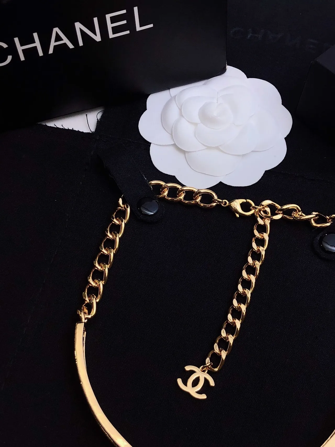 Chanel Engraved Band Choker Gold Black Rigid Pavé Crystal Detailing Necklace 5