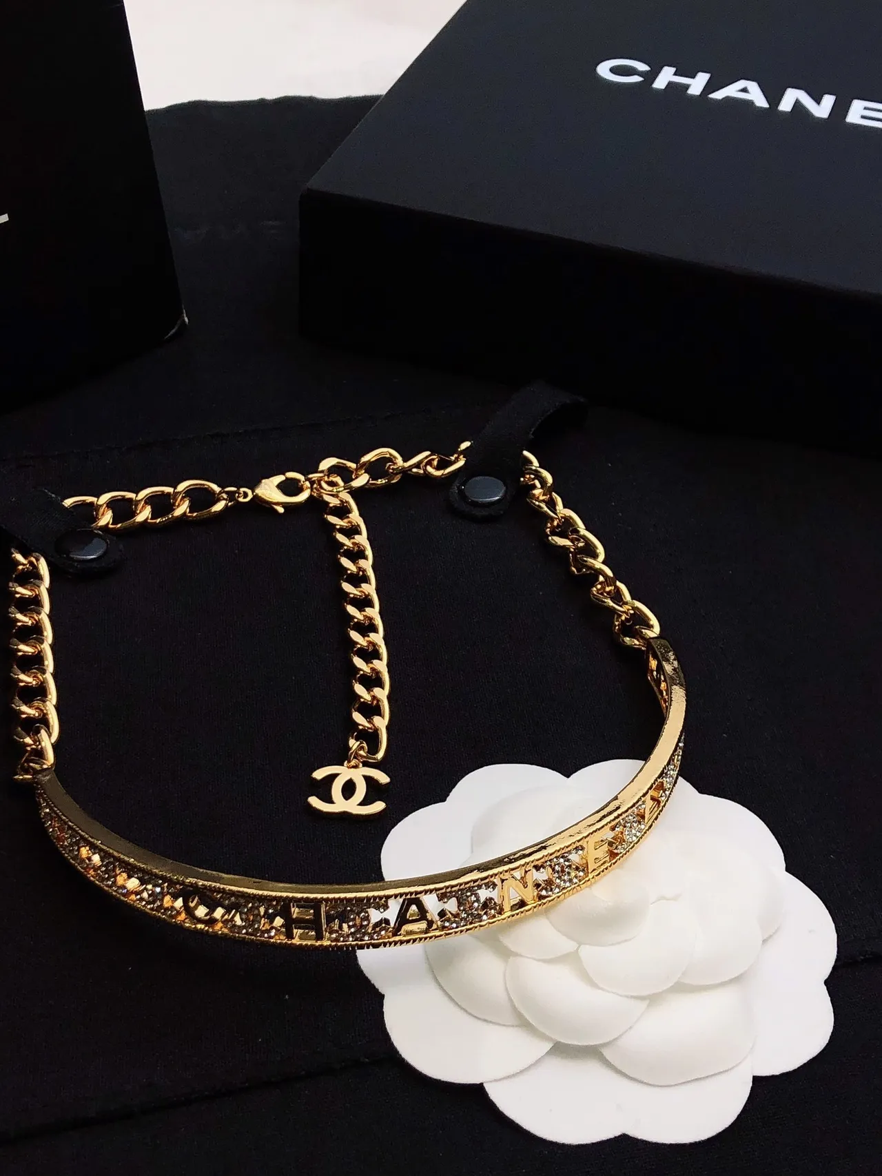 Chanel Engraved Band Choker Gold Black Rigid Pavé Crystal Detailing Necklace 6