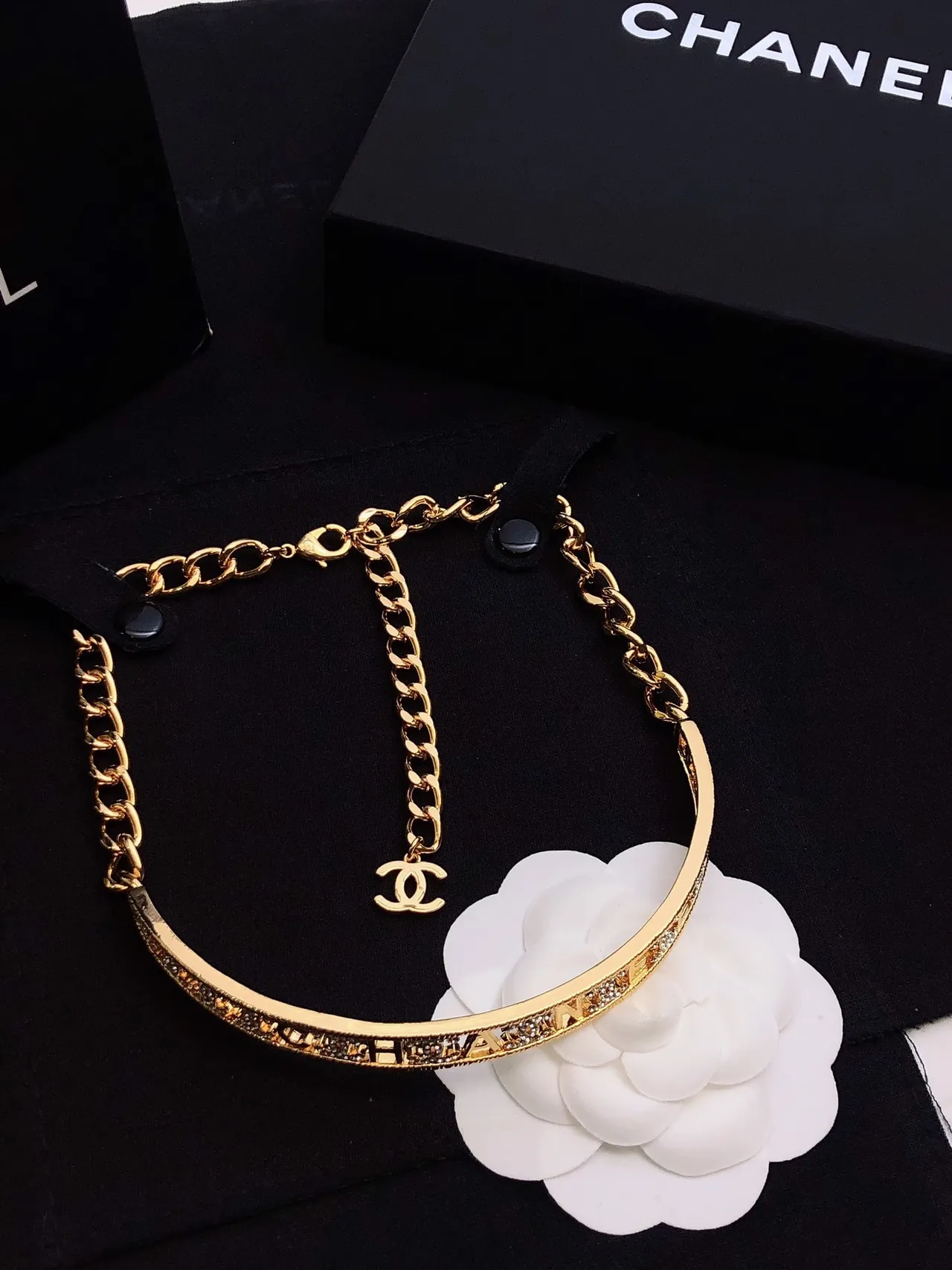 Chanel Engraved Band Choker Gold Black Rigid Pavé Crystal Detailing Necklace 7