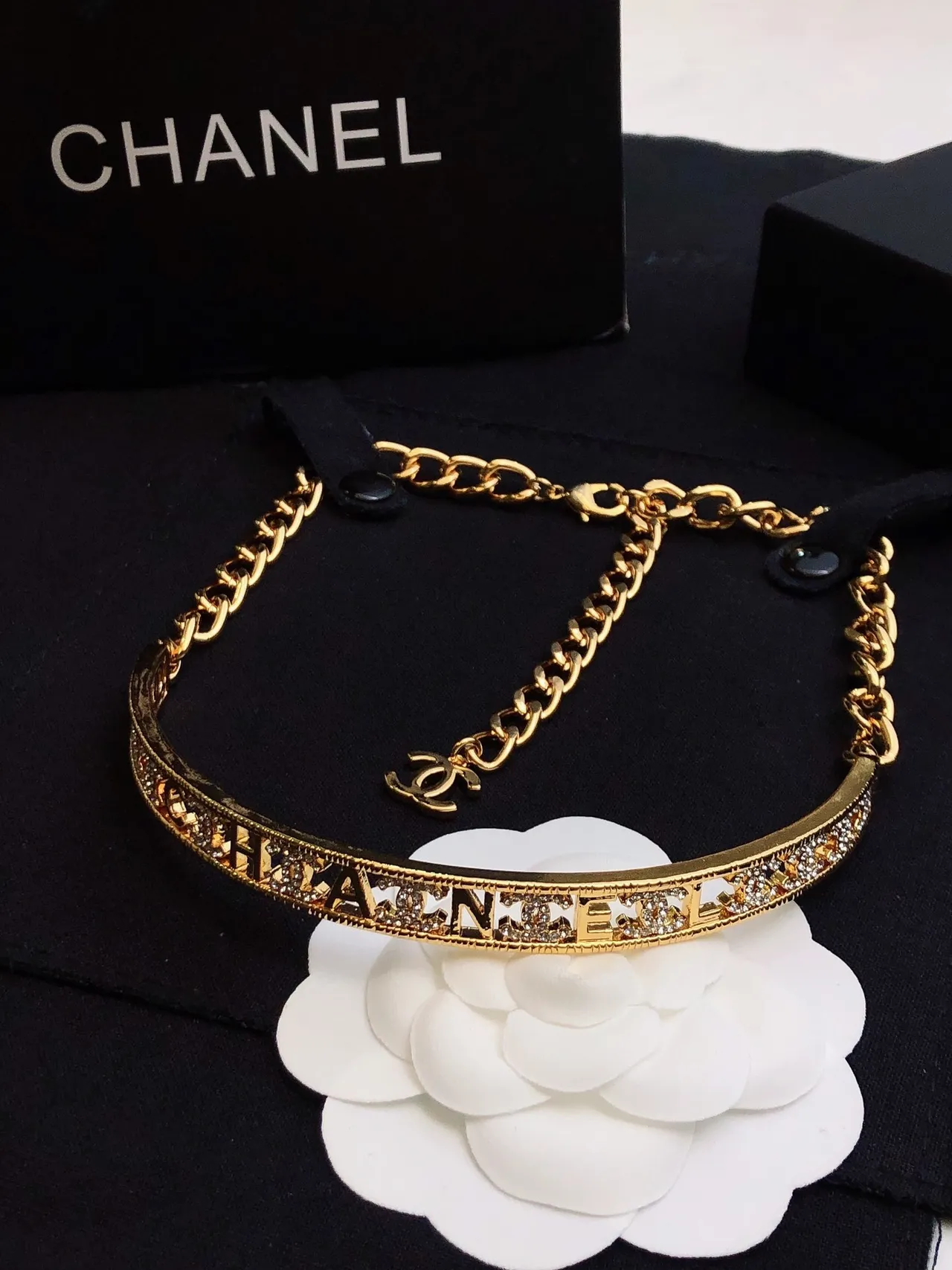 Chanel Engraved Band Choker Gold Black Rigid Pavé Crystal Detailing Necklace 8