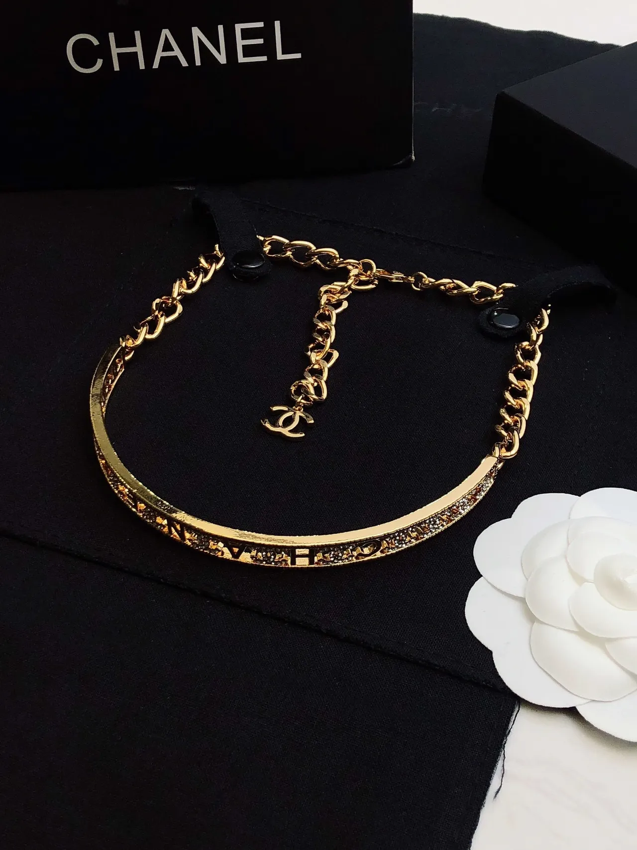 Chanel Engraved Band Choker Gold Black Rigid Pavé Crystal Detailing Necklace 9