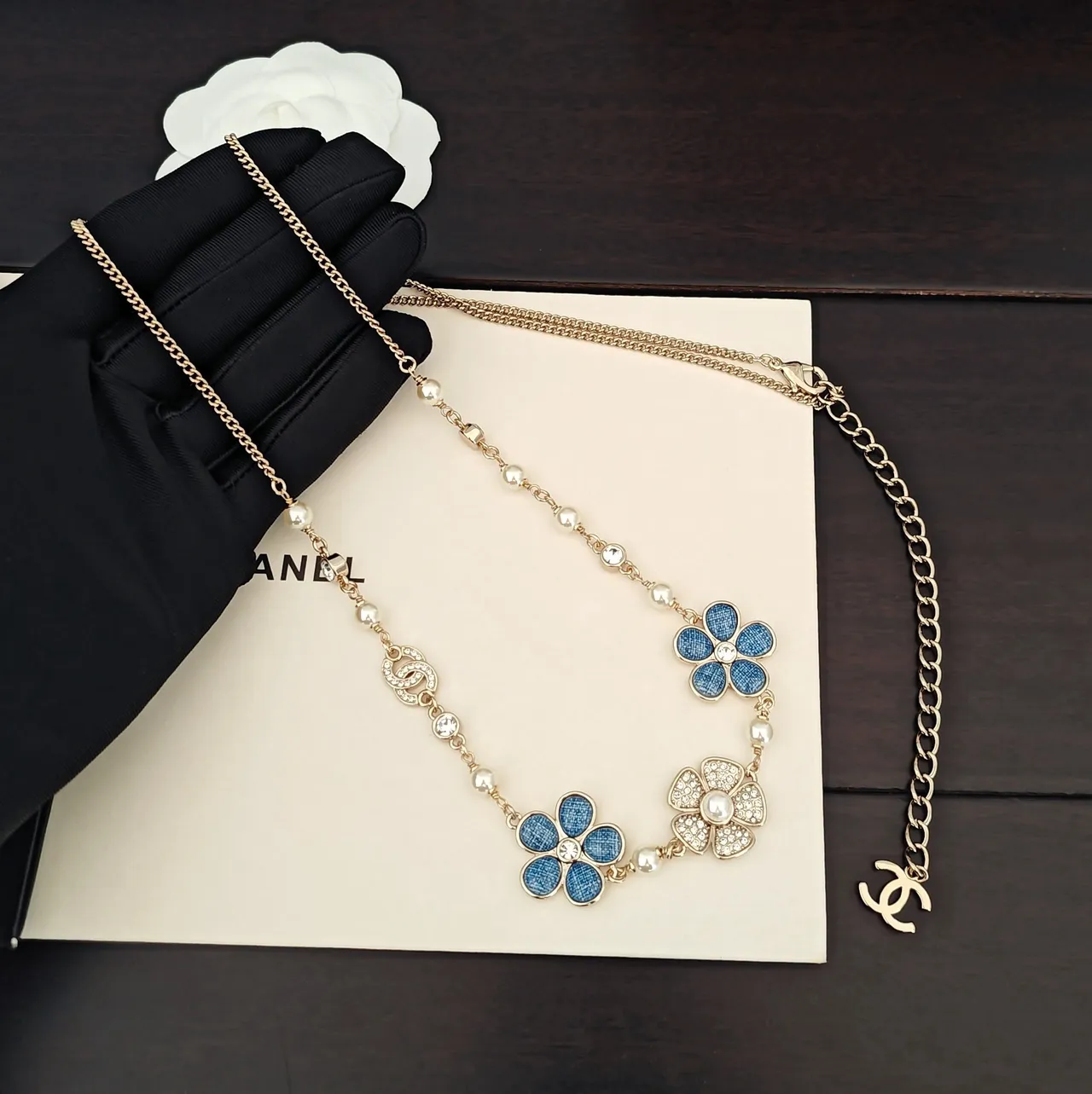 Chanel Floral Blue Enamel Pearl Crystal Necklace 2