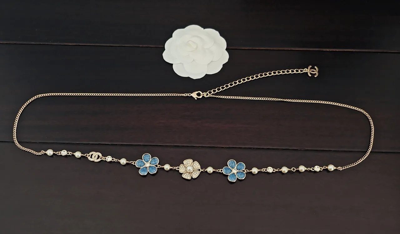 Chanel Floral Blue Enamel Pearl Crystal Necklace 4