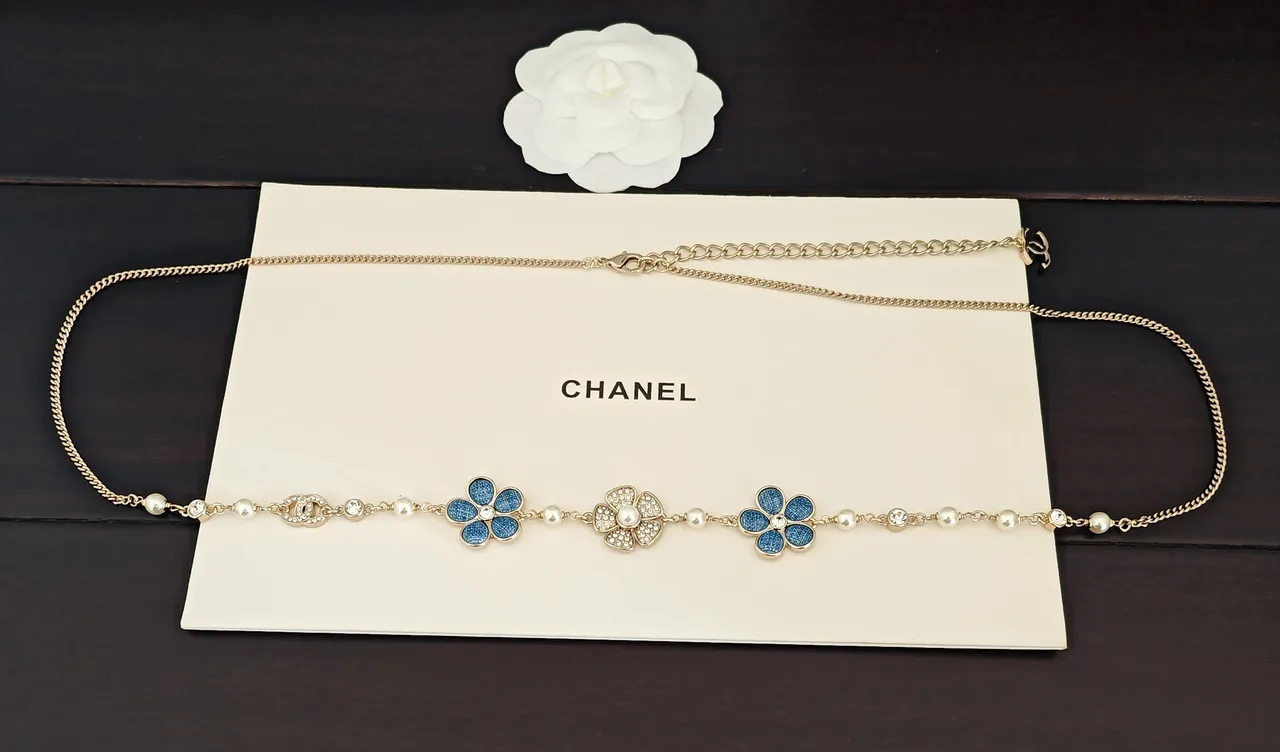 Chanel Floral Blue Enamel Pearl Crystal Necklace 5