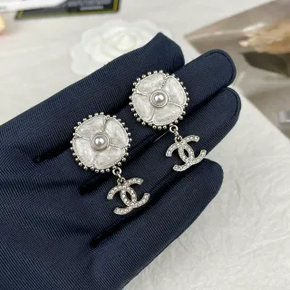 Chanel Floral CC White Silver Flower-Shaped Stud Pearl-Centered Earrings