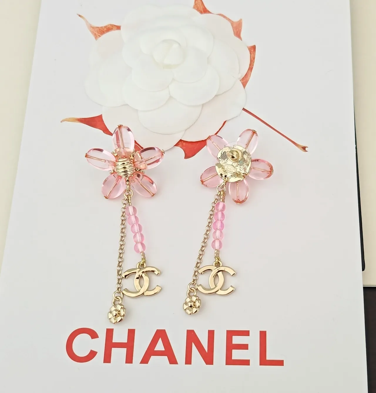 Chanel Floral Pink Resin and Gold-Tone CC Logo Earrings 3