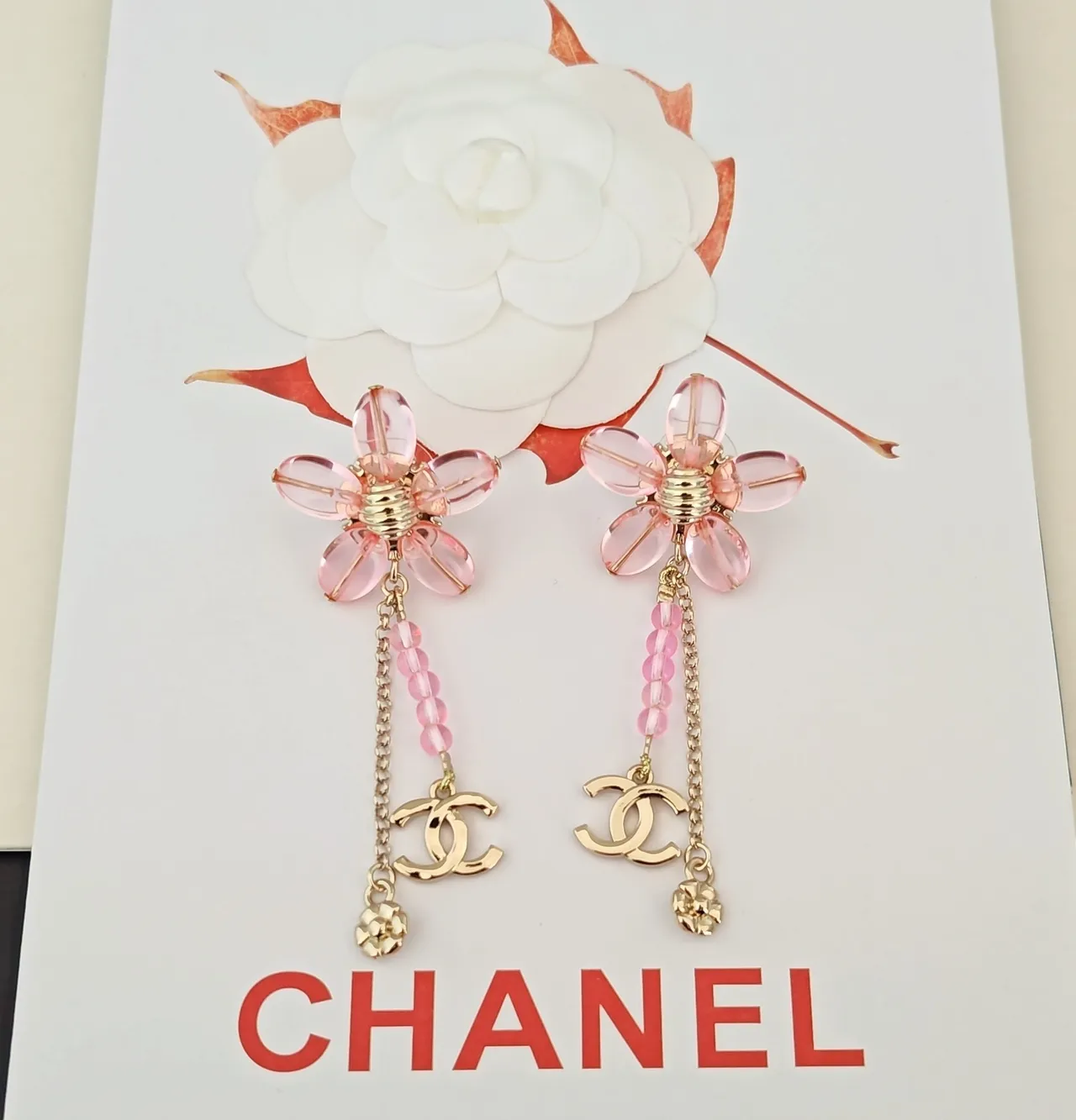 Chanel Floral Pink Resin and Gold-Tone CC Logo Earrings 4