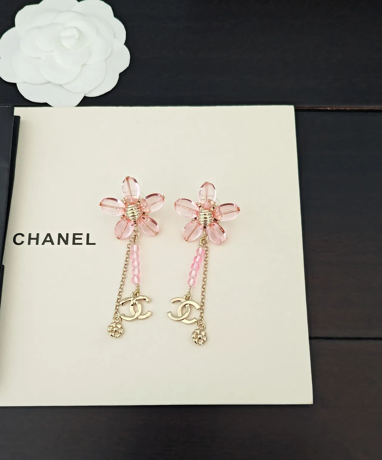 Chanel Floral Pink Resin and Gold-Tone CC Logo Earrings 5