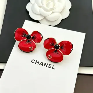 Chanel Floral Poppy Red Black Glossy Enamel Silhouette Earrings