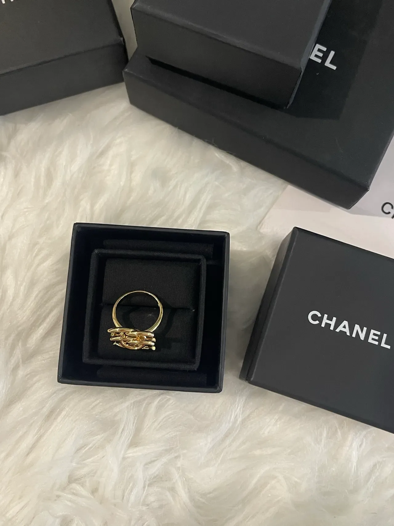 Chanel Gold Black Interlocking CC Motif Polished Ring 14